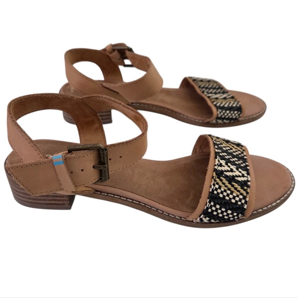 Toms | Camilia Block Heel Ankle Strap Leather and Knit Sandals